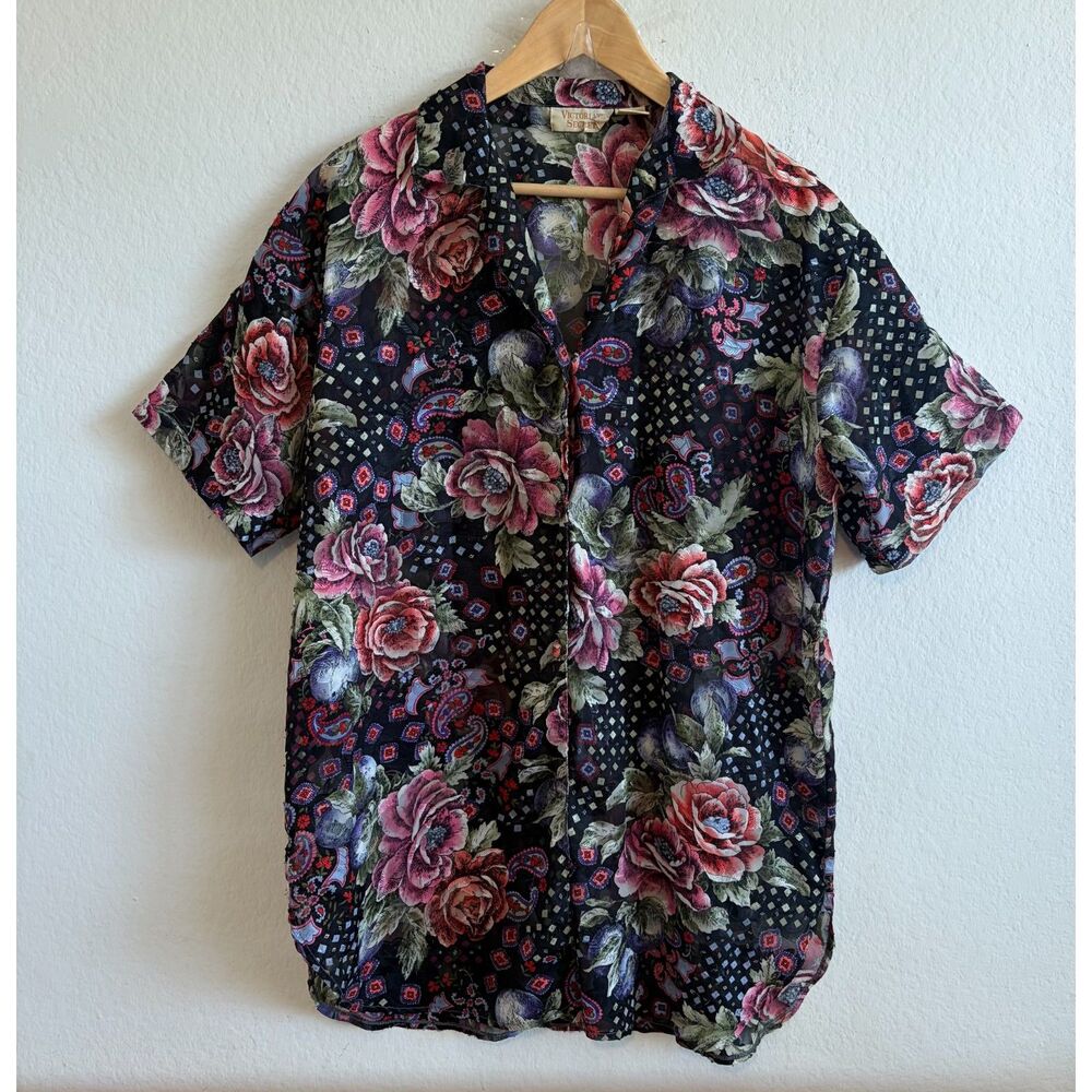 VICTORIA'S SECRET Vintage 80s Gold Label Black Floral Sheer Shirt Womens Medium